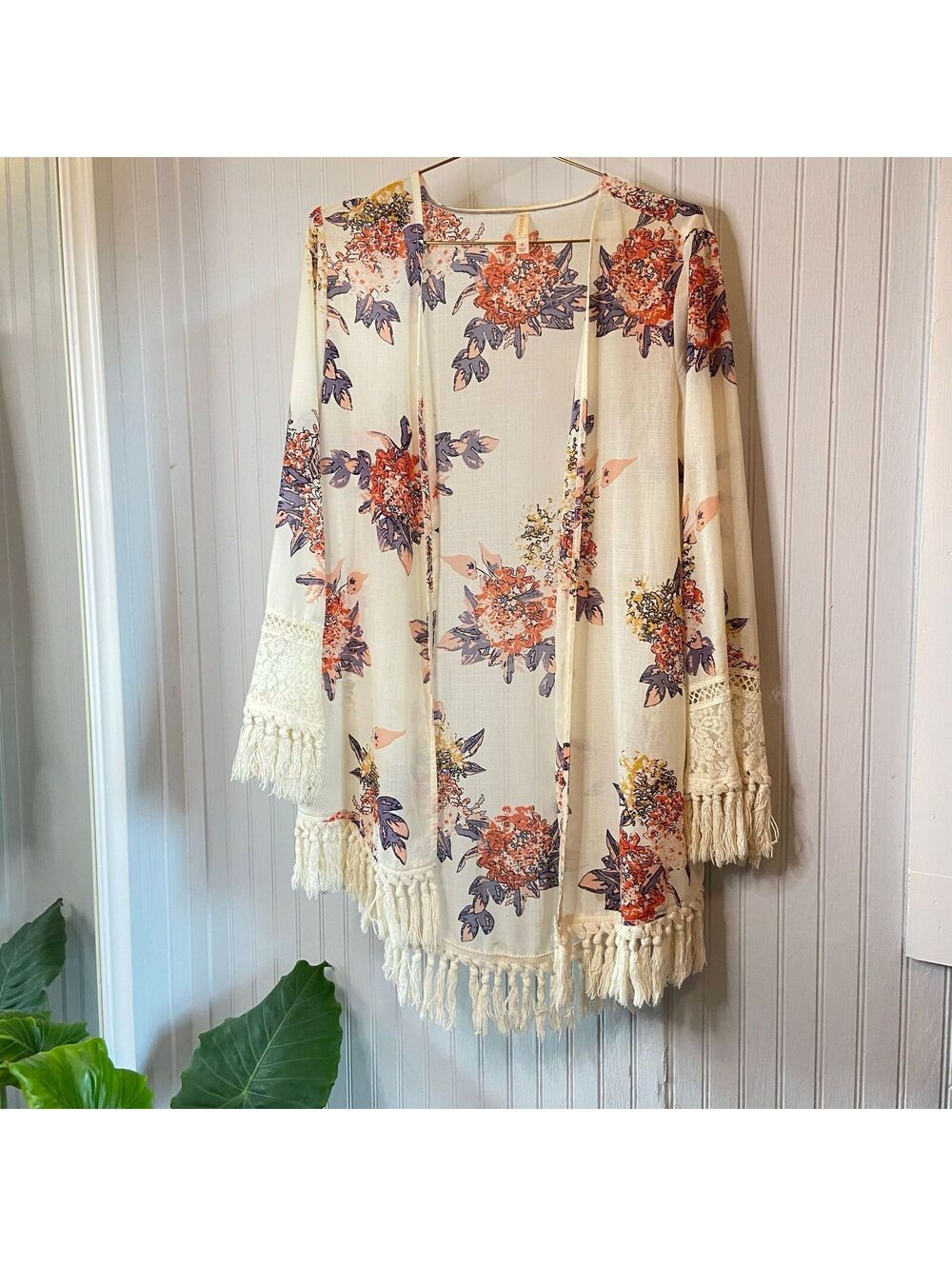 Festival Kimono Boho Crochet Western Fringe Floral Xhilaration Duster Fairy